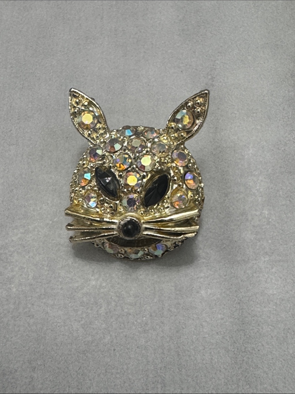 Vintage Rhinestone Cat Face Brooch Pin